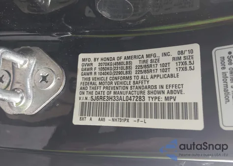 2010 Honda Cr-V Lx from USA, damaged, VIN 5J6RE3H33AL047283
